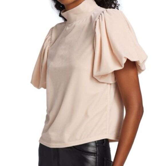 Free People Claudia Velvet Tee Puff Sleeve Mockneck Top Ballet Pink Size XS - Picture 6 of 14